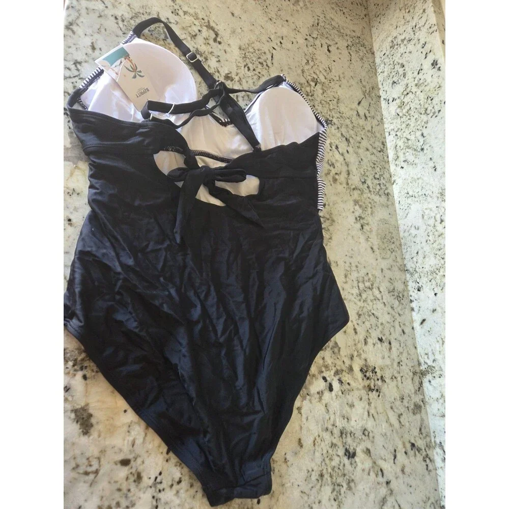 B2PRITY Women's One Piece Swimsuit Striped Black White Adjustable Strap XL